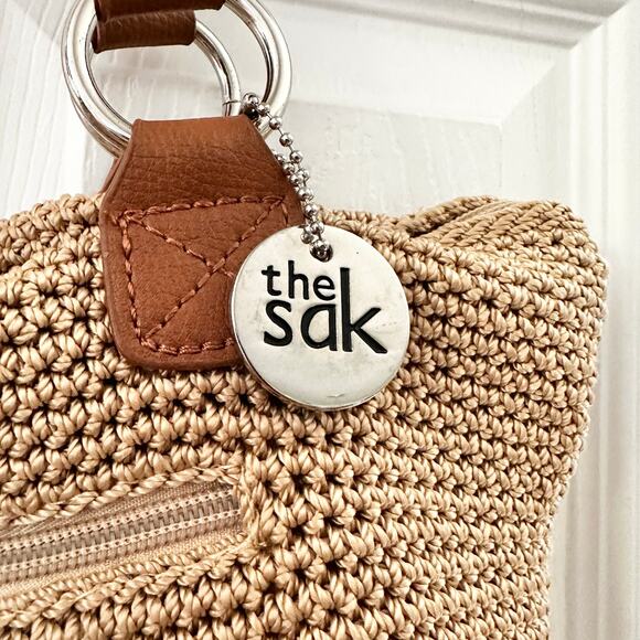 The Sak Solid Beige Crochet Cambria Shoulder Tote Top Zip Rope Straps Tan Trim - Picture 7 of 8